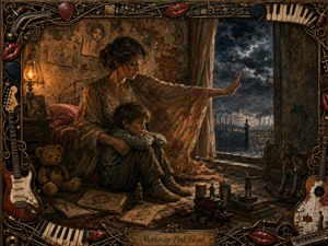 A protective mother cradles her anxious child in a dim, weathered bedroom while raising one hand toward a stormy industrial skyline beyond an open window. Warm amber lamplight contrasts with cold blue-gray clouds, and the richly textured painting is enclosed by an ornate musical frame of guitars, piano keys, strings, and red lips.