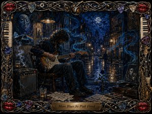 A solitary guitarist plays in a shadowed room opening onto a rain-slick city street beneath a glowing moon. Deep indigo, teal, and amber tones create a melancholic nocturnal mood, while swirling blue smoke suggests drifting music. Rich painterly textures, reflective pavement, scattered sheet music, and an ornate musical frame complete the scene.