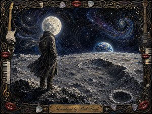 A solitary moon-headed figure surveys a cratered lunar wilderness beneath swirling galaxies and a distant Earthrise. Deep indigo, silver, charcoal, and violet tones glow with pearly highlights and dramatic shadows. Thick, expressive brushwork creates a dreamlike cosmic mood, framed by ornate instruments, piano keys, guitar strings, picks, and glossy red lips.