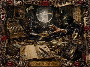 A shadowed financier reaches across a lavish counting room overflowing with cash, coins, ledgers, and a spinning record. Burnished gold, black, green, and crimson tones glow beneath dramatic smoky lighting. Surreal details, flying banknotes, a vintage register, telephone, champagne, and ornate musical framing create a decadent, ominous painted vision of greed.