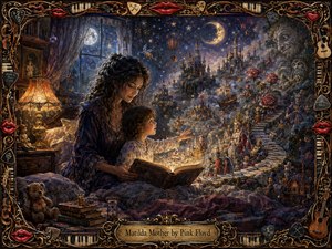 A mother and child read from a glowing storybook in a moonlit bedroom as castles, stars, roses, toy figures, and strange creatures spill into a vast fantasy world. Deep blues, violets, warm golds, and crimson accents create a magical, nostalgic mood, framed by ornate musical motifs, piano keys, guitar picks, and glossy red lips.