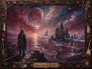 A solitary guitarist stands on a rugged shore, gazing across a crimson-violet sea toward drowned ruins beneath a vast cosmic sky. Glowing reflections, swirling clouds, birds, and a looming planet create a haunting, meditative mood. Rich oil-painted textures and an ornate musical frame add dramatic depth and handcrafted detail.