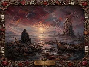 A solitary figure sits on a jagged shoreline beside a glowing lantern, facing a luminous horizon beneath maroon and violet storm clouds. A wrecked boat and eroded sea tower deepen the haunting isolation. Textured oil-paint brushwork, reflective water, warm twilight, and an ornate musical frame create a dreamlike, melancholic atmosphere.