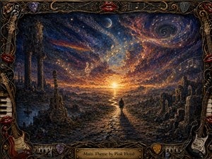 A lone traveler follows a shimmering path through ruined rocky terrain toward a brilliant golden horizon. Above, swirling musical notes drift across an indigo, violet, and amber sky filled with stars and cosmic clouds. Rich impasto textures and dramatic lighting create a mysterious, cinematic mood, enclosed by an ornate instrument-themed frame.
