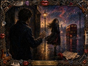 A windswept woman walks away along a rain-soaked city street, glancing back at a shadowed man reaching toward her. Golden lamps and a red bus glow against swirling blue, violet, and crimson skies. Thick, expressive brushwork heightens the melancholy, while an ornate musical frame surrounds the cinematic scene.