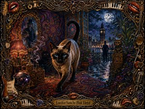 A blue-eyed Siamese cat strides confidently through a richly decorated psychedelic chamber that opens onto a moonlit London skyline, with Big Ben glowing beyond a wet terrace. Warm lamplight, deep shadows, and jewel-toned purples, blues, and golds animate the painterly scene, while an ornate musical frame of instruments, keys, strings, and glossy red lips surrounds it.