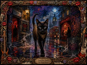 A sleek black cat with piercing blue eyes strides through a rain-slicked London alley glowing with moonlight, neon reds, and amber lamplight. Psychedelic swirls, shadowy figures, and a distant double-decker bus deepen the mysterious mood, while the richly textured painted style is enclosed by an ornate musical frame of instruments, keys, picks, and red lips.