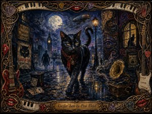 The refinement attempt failed, but the original artwork shows a commanding black cat striding through a moonlit, rain-slicked London street. Deep blues, golds, crimson accents, glowing lamps, mist, surreal symbols, and shadowy figures create a mysterious psychedelic mood. Rich oil-paint textures and an ornate musical frame complete the dramatic composition.