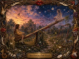 A young girl balances on a weathered see-saw opposite a translucent childlike figure in an overgrown twilight garden. Warm peach sunset fades into deep indigo stars, illuminating wildflowers, moths, ribbons, empty swings, and a rocking horse. Richly textured brushwork and an ornate musical frame create a nostalgic, dreamlike, gently haunting mood.