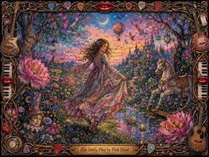 Emily dances through a luminous psychedelic garden, her flowing paisley dress swirling among oversized flowers, butterflies, lanterns, and a rocking horse. A glowing twilight sky, distant castle, and winding path create dreamlike depth. Rich pinks, blues, golds, and purples shine in a textured storybook painting framed by intricate musical ornaments.