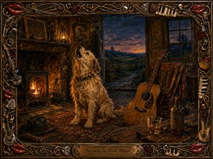 A shaggy dog howls beside a glowing stone fireplace in a rustic cottage, while an acoustic guitar, whiskey glass, lantern, and worn furnishings suggest an intimate blues session. Warm amber firelight contrasts with the cool blue-orange dusk outside. Rich oil-painted textures and an ornate musical frame create a nostalgic, handcrafted atmosphere.