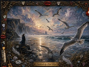 A solitary figure watches a windswept shoreline as seabirds sweep across a luminous, storm-darkened sky. Silver-blue waves, golden reflections, rugged cliffs, shells, and drifting feathers create a haunting coastal dream. Richly textured brushwork and dramatic light are enclosed by an ornate musical frame with instruments, piano keys, picks, and glossy red lips.