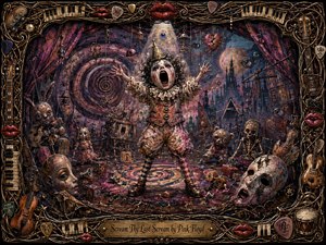 A screaming, doll-like clown stands beneath a harsh spotlight in a decaying surreal toy theater, surrounded by broken masks, puppets, staring eyes, spirals, and scattered instruments. Bruised purples, dirty pinks, rusted golds, and shadowy blues create a nightmarish mood, enhanced by dense painterly textures and an ornate musical frame.