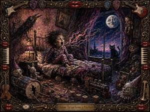 A terrified child screams from a rumpled bed in a warped, moonlit nursery crowded with broken toys, puppets, a toy train, and a watchful black cat. Swirling pink, purple, blue, and amber brushstrokes heighten the feverish mood, while warm lamplight and cold moonlight illuminate the richly textured, surreal painted scene.