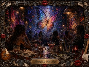 A luminous butterfly dominates a crowded late-night rock bar, hovering above musicians and shadowed patrons amid swirling smaller butterflies. Jewel-toned blues, purples, pinks, and amber reflections glow through smoky haze. The richly hand-painted scene includes cocktails, scattered napkins, bar tools, spills, cash tips, and an ornate music-themed frame.