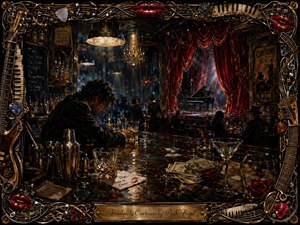 A solitary patron leans over a cluttered midnight bar while crimson stage curtains frame an abandoned piano beyond. Warm gold, deep red, black, and smoky blue tones glow under harsh pendant lights, creating sharp reflections and heavy shadows. An ornate musical frame of strings, keys, picks, instruments, and glossy lips completes the dramatic hand-painted scene.