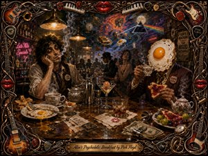 A surreal late-night bar becomes a psychedelic breakfast dream, crowded with weary patrons, floating eggs, toast, tea, smoke, and glittering glassware. Warm amber lights cast sharp highlights across the cluttered counter, while cosmic colors swirl behind. An ornate musical frame of guitars, strings, piano keys, picks, and red lips completes the richly painted scene.