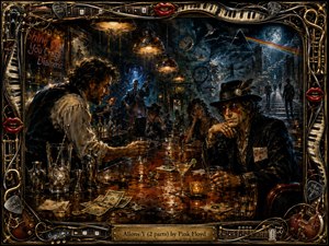 A surreal, hand-painted late-night bar glows with amber lamps, deep blue shadows, smoky haze, and glossy reflections. An attentive bartender serves eccentric patrons across a cluttered counter scattered with cocktails, tools, napkins, spills, and cash. Pink Floyd imagery fills the background, framed by ornate instruments, piano keys, strings, picks, and red lips.