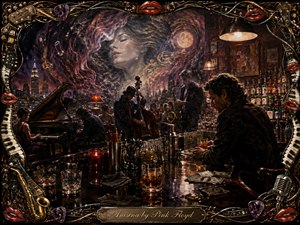 A richly painted midnight jazz lounge glows with amber, crimson, and violet light as musicians perform beneath a dreamlike womans face swirling through smoke and moonlit clouds. Reflective bar surfaces hold glasses, cocktail tools, napkins, spills, and cash tips, while an ornate musical frame surrounds the cinematic, atmospheric composition.