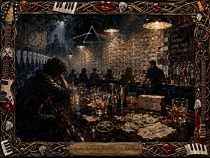 A brooding figure sits alone at a cluttered late-night bar beneath harsh amber lights, surrounded by glasses, tools, cash tips, and reflective spills. Repeating brick slogans, pale faceless figures, smoky blue shadows, and surreal Pink Floyd imagery create an oppressive mood, framed by ornate guitars, piano keys, picks, strings, and glossy red lips.