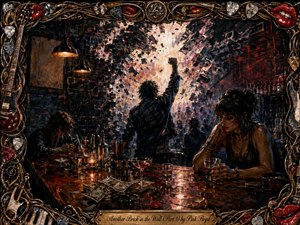 A brooding late-night bar erupts with rebellion as a lone figure raises a fist before a shattered brick wall. Amber lights cut through smoky darkness, reflecting across spilled drinks, glassware, cocktail tools, and scattered cash. Deep reds, blacks, and glowing whites intensify the dramatic hand-painted scene, framed by ornate musical details.
