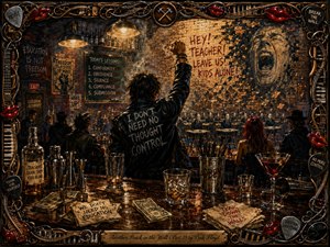 A defiant figure raises a fist inside a smoky, rebellious bar where scattered glasses, cocktail tools, cash, and spills gleam beneath harsh amber lights. Behind him, uniformed students face a crumbling brick wall and screaming mural. Rich blacks, reds, browns, and gold frame the dramatic, hand-painted scene with musical ornaments.