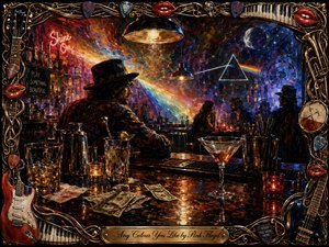 A brooding figure sits at a cluttered late-night bar as prismatic light cuts through smoky darkness, illuminating glasses, cocktail tools, spills, napkins, and scattered cash. Rich blues, reds, golds, and rainbow reflections create a psychedelic mood, while an ornate musical frame of guitars, keys, picks, and glossy lips surrounds the painterly scene.