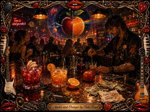 A richly hand-painted late-night bar glows in fiery reds, oranges, and amber gold. A tattooed bartender mixes drinks beneath dramatic pendant lights while a crowded room gathers before a surreal apple-and-orange cosmic mural. Reflective spills, fruit cocktails, cash tips, smoky haze, and an ornate musical frame create a vivid psychedelic atmosphere.