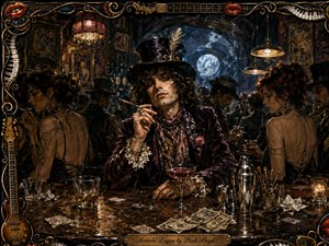 An enigmatic, velvet-clad figure in a feathered top hat sits at the center of a crowded moonlit speakeasy. Warm amber lamps and cool blue haze carve dramatic highlights across glasses, spills, cocktail tools, cash, and polished wood. Rich hand-painted textures and an ornate musical frame create a decadent, theatrical mood.