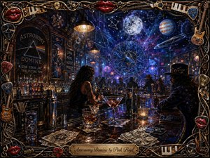 A richly detailed, hand-painted cosmic bar glows beneath warm pendant lights and swirling blue-purple galaxies. Shadowed patrons gather around a reflective counter cluttered with cocktails, tools, napkins, spills, coins, and cash tips. Planets, constellations, and astral symbols create a mysterious psychedelic mood, framed by instruments, piano keys, guitar strings, and glossy red lips.