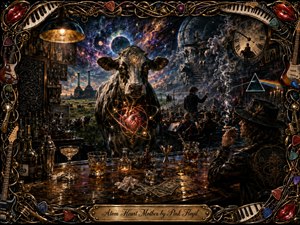 A surreal cow with a glowing atomic heart dominates a smoky late-night bar, surrounded by cosmic skies, grazing fields, musicians, clocks, and a distant industrial skyline. Warm amber highlights contrast with deep blues and purples, while scattered drinks, cash, reflections, and an ornate musical frame create a richly detailed, dramatic hand-painted composition.