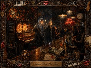 A richly painted late-night bar glows in amber, copper, and crimson as a pianist performs beside autumn leaves and stained-glass light. Crowds gather through smoky haze while scattered glasses, cocktail tools, spills, napkins, and cash cover the reflective counter. An ornate musical frame surrounds the dramatic, nostalgic scene.
