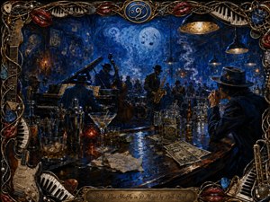 A richly textured, hand-painted jazz bar glows in deep baby blues and warm amber light as musicians perform amid smoke and crowded shadows. A glossy counter holds cocktails, shakers, napkins, spills, coins, and cash tips, while an intricate musical frame of strings, instruments, piano keys, picks, and red lips surrounds the scene.