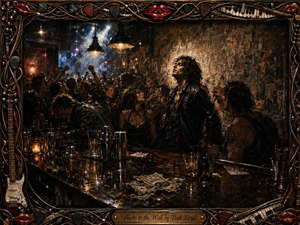 A crowded late-night rock bar pulses with defiant energy as a dark-haired man stands against a weathered wall beneath glowing pendant lights. Smoky blue haze, warm amber reflections, raised fists, spilled drinks, scattered cash, and polished cocktail tools create dramatic depth. An ornate musical frame of strings, keys, guitars, picks, and red lips completes the hand-painted scene.