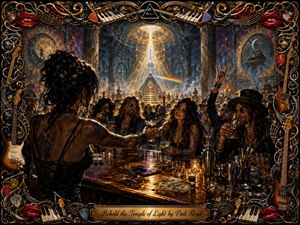 A tattooed bartender serves drinks across a cluttered bar to a lively rock crowd inside a vast mystical temple. Golden beams illuminate a prism, rainbow light, smoky haze, deep shadows, and reflective glassware. Rich blacks, amber highlights, ornate musical framing, red lips, instruments, cash tips, and painterly detail create an energetic, surreal late-night atmosphere.