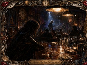 A solitary, shadowed patron leans over a glossy bar while musicians perform beneath smoky spotlights in a crowded late-night club. Warm amber lamps, deep blue shadows, scattered glasses, tools, spills, coins, and cash create rich detail. An ornate musical frame of instruments, piano keys, strings, red lips, and clocks completes the dramatic hand-painted scene.
