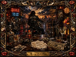 A lone motorcyclist pauses at a rain-slicked desert bar beneath a fiery twilight sky, surrounded by neon signs, jukebox glow, scattered glasses, cocktail tools, spilled drinks, napkins, and cash tips. Rich amber, red, and blue highlights sharpen deep shadows, while an ornate musical frame creates a dramatic, hand-painted, late-night atmosphere.