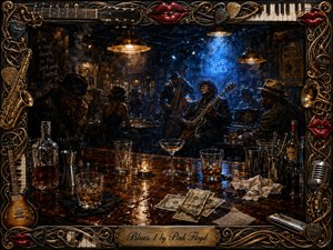 A soulful guitarist performs in a smoky late-night blues bar, framed by seated patrons, an upright bassist, and warm hanging lamps. Amber highlights contrast with deep blue haze across the crowded scene. The wet counter glitters with glasses, cocktail tools, spills, napkins, and cash, while an ornate musical frame completes the richly painted composition.