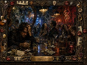 A tormented man slumps over a cluttered bar as restless patrons crowd the smoky room behind him. Cracked mirrors reveal ghostly faces beneath glowing amber lamps and deep blue-red shadows. Wet reflections, scattered glasses, cash, bottles, and napkins intensify the chaotic, surreal atmosphere, framed by ornate instruments, piano keys, strings, and glossy red lips.