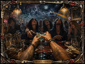 A tattooed bartender presents a glowing turquoise cocktail across a cluttered bar to a brooding gothic crowd. Amber lamps cut through smoky haze, illuminating spilled drinks, scattered tools, glasses, napkins, and cash tips. Surreal clouds, planets, a stone face, and a radiant prism create a dreamlike, hand-painted rock atmosphere.