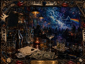 A richly detailed hand-painted bar scene glows beneath warm amber lights and cool cosmic blues. Reflective glasses, cocktail tools, crumpled napkins, spilled drinks, and scattered cash fill the foreground, while shadowy patrons gather beneath a surreal mural. An ornate musical frame and engraved Breathe by Pink Floyd plaque complete the dreamlike composition.