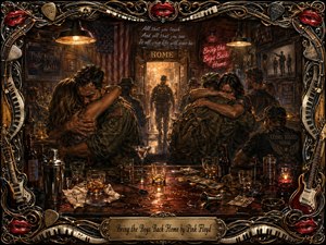 Soldiers reunite with loved ones inside a smoky late-night bar, framed by glowing amber lamps, deep shadows, and a radiant doorway marked HOME. Rich browns, golds, and crimson accents heighten the emotional, hand-painted realism. Glasses, spills, cash, and cocktail tools clutter the counter beneath an ornate music-themed border.