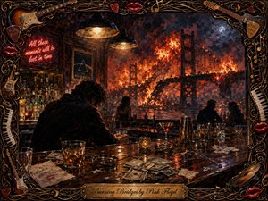 A solitary bar patron watches a suspension bridge burn beyond a smoky nighttime window. Fiery oranges and reds blaze against deep blues and blacks, reflecting across a cluttered counter of glasses, shakers, napkins, spills, and cash. Dramatic overhead lighting, painterly textures, and an ornate music-themed frame create a melancholic, cinematic atmosphere.