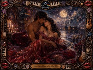 A moonlit couple embraces amid cascading crimson fabrics and scattered roses, surrounded by candles, shimmering water, distant industrial towers, floating clocks, and prism-like celestial symbols. Rich burgundy, gold, violet, and midnight-blue tones blend warm candlelight with cool lunar glow. An ornate musical frame of strings, keys, guitars, picks, and glossy lips completes the romantic surrealist painting.