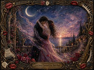 A romantic couple embraces on a moonlit garden terrace overlooking shimmering water and a glowing horizon. Deep blues, violets, crimson roses, and warm gold highlights create a dreamy, nostalgic mood. Rich oil-like textures, drifting petals, celestial motifs, and an ornate musical frame surround the luminous central scene.