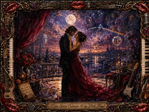An intimate couple stands locked in a tender embrace on a moonlit terrace, overlooking a surreal river city glowing beneath violet clouds and a luminous moon. Rich crimson, gold, and midnight blue dominate the scene, while candles, roses, instruments, and a lavish music-themed frame create a romantic, theatrical, hand-painted fantasy atmosphere.