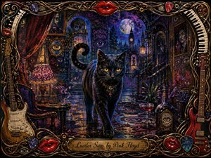 A sleek black cat strides through a surreal, moonlit London interior, glowing with mystery and theatrical charm. Deep blues, purples, crimson, and gold shape a richly textured painted scene filled with watchful eyes, vintage furnishings, smoke, and shadows, all enclosed by an ornate musical frame of instruments, strings, picks, keys, and glossy red lips.