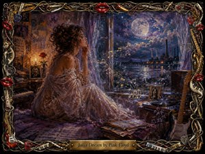A dreamy woman in a flowing pale gown sits beside an open window, lost in thought as moonlight glows over a shimmering river and distant skyline. Rendered in richly textured, handcrafted paint, the scene blends deep blues, violets, and amber light, framed by intricate musical ornaments and an engraved Pink Floyd monogram plate.