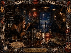 A brooding woman smokes at a cluttered late-night bar, surrounded by gleaming glasses, cocktail tools, spilled drinks, napkins, coins, and cash tips. Warm amber lights cut through smoky shadows, while a moonlit doorway frames a solitary figure. Rich blues, browns, reds, and golds heighten the dramatic hand-painted, surreal atmosphere.