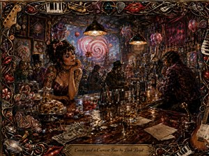 A tattooed woman leans dreamily across a glossy bar crowded with cocktails, sweets, currant buns, napkins, spills, and cash tips. Surreal patrons fill the hazy carnival-like room beneath warm pendant lights. Rich reds, golds, purples, and candy pinks glow within an ornate musical frame, creating a dramatic, whimsical hand-painted atmosphere.